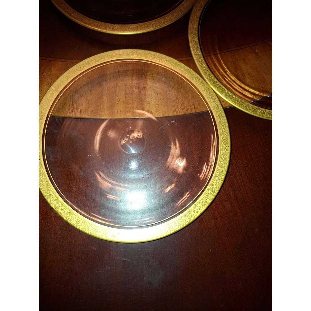 Set of 6 Vintage Tiffin Gold‎ Encrusted Rim Clear Glass Salad Plates 8 1/2 